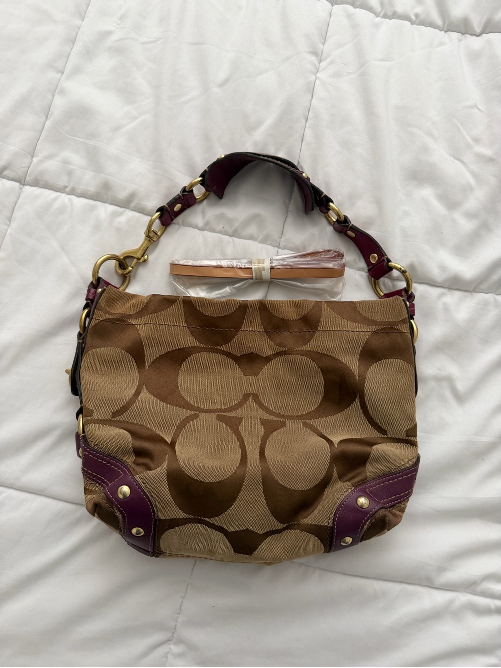 Coach Vintage Medium 12871 Carly Brown Signature C and Purple Leather Trim Bag